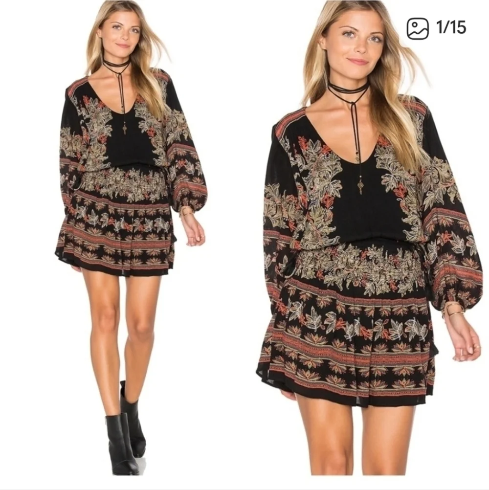 Free People black mini dress midnight drive smocked long sleeve boho Small